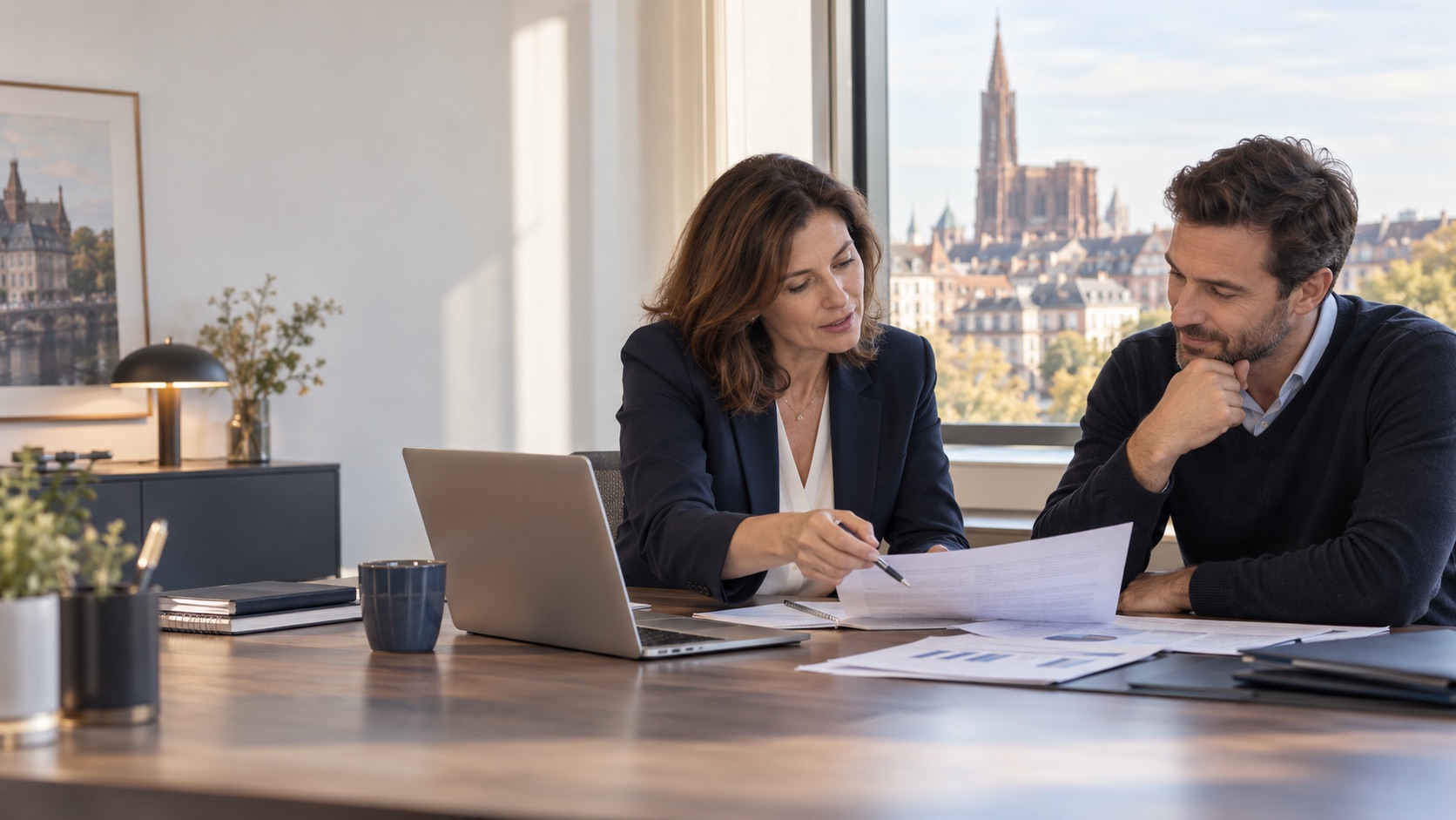 Une experte du cabinet échange avec un dirigeant autour de ses documents comptables